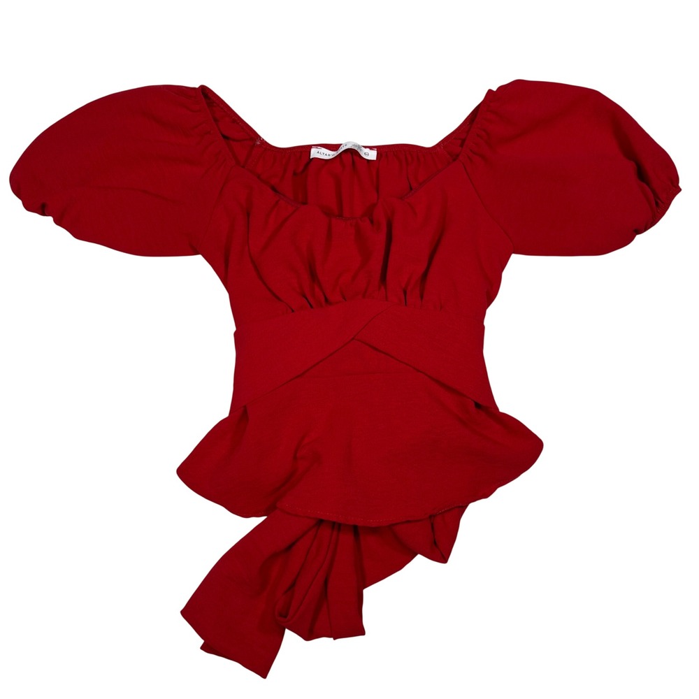 Altar'd‎ State Red Puff Sleeve Peplum Tie Waist Blouse Top XXS Square Neck